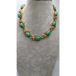 Vintage Green Glass Cabochon Necklace Gold Tone Figural Link Crab Style